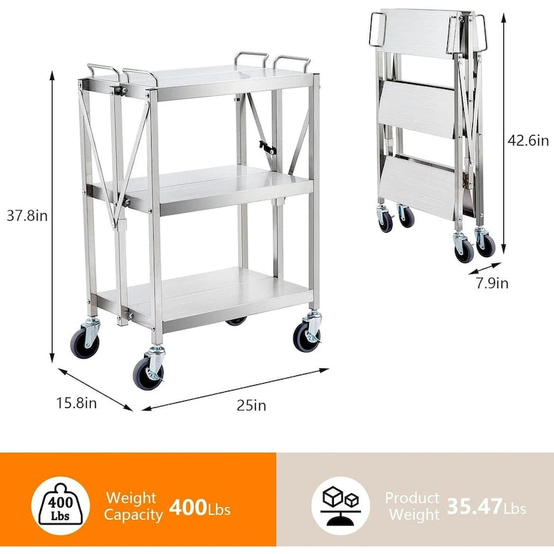 Foldable Utility Silver 3-Tier Service Cart with Wheels Lockable