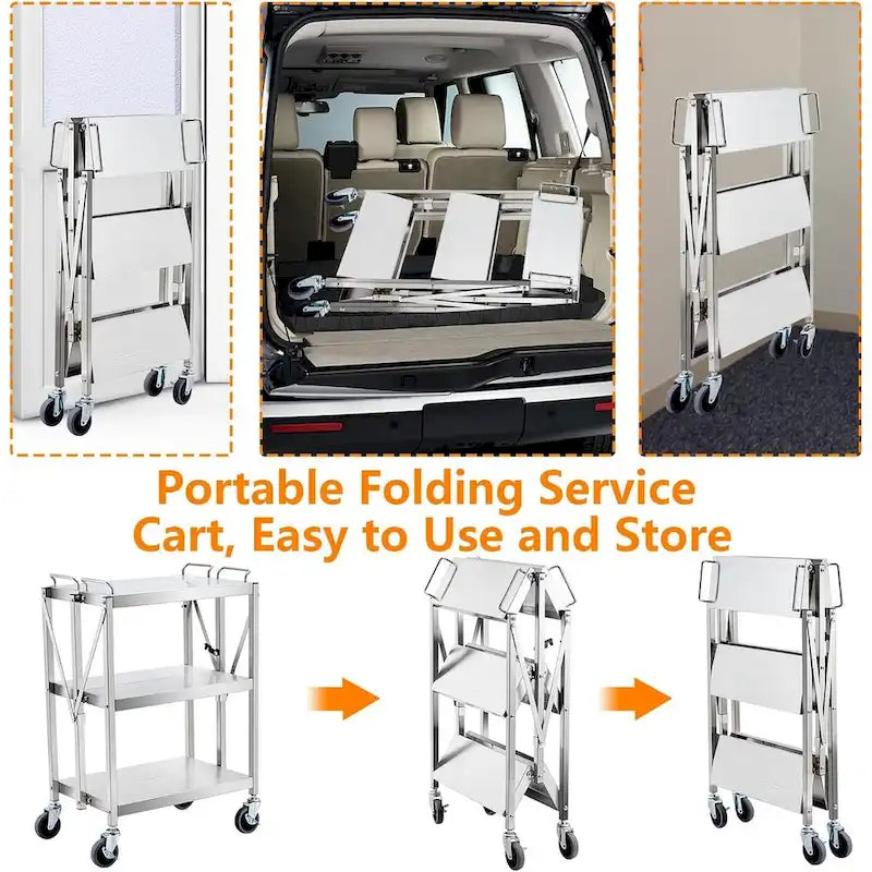 Foldable Utility Silver 3-Tier Service Cart with Wheels Lockable