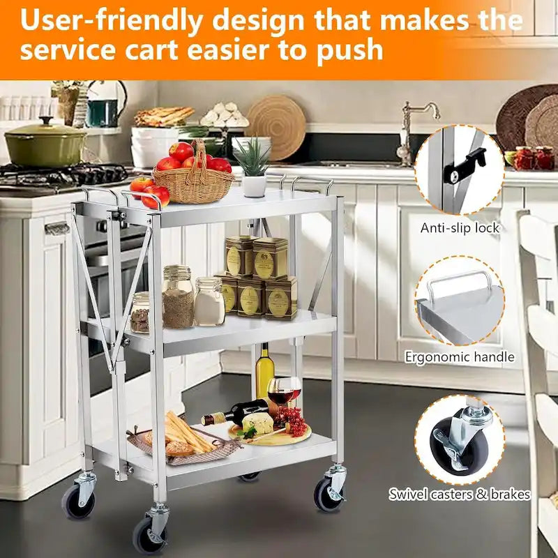 Foldable Utility Silver 3-Tier Service Cart with Wheels Lockable
