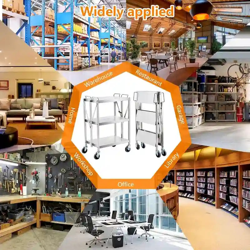 Foldable Utility Silver 3-Tier Service Cart with Wheels Lockable