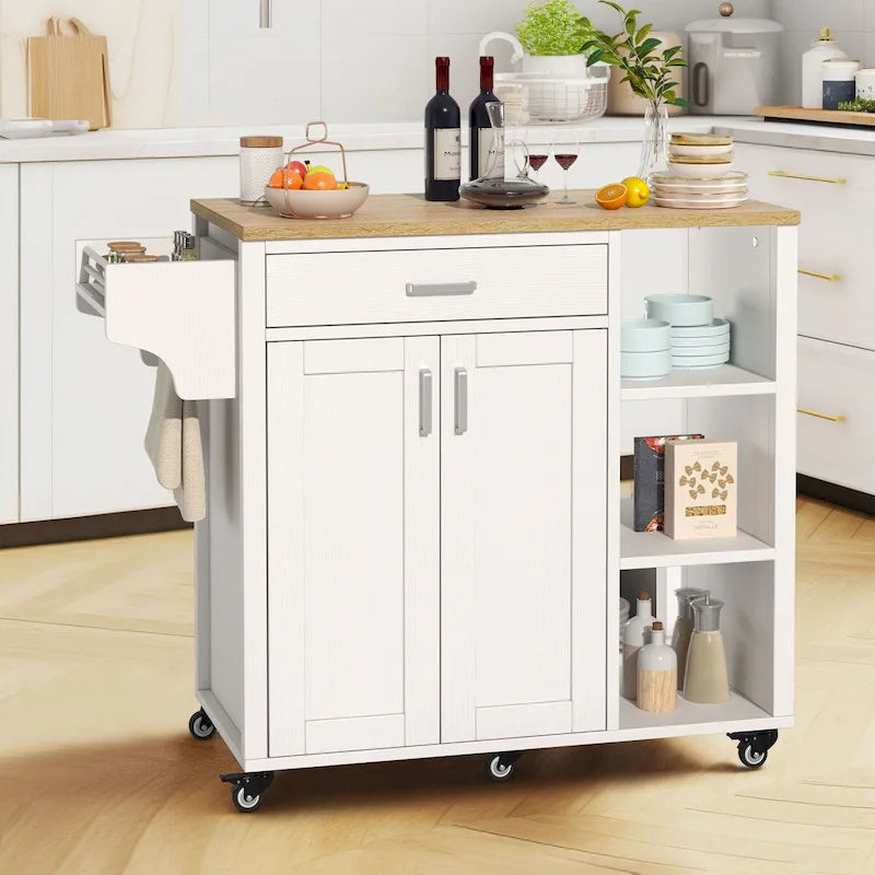 Rolling Kitchen Island on Wheels with Drawer, Open Shelves & Cabinet