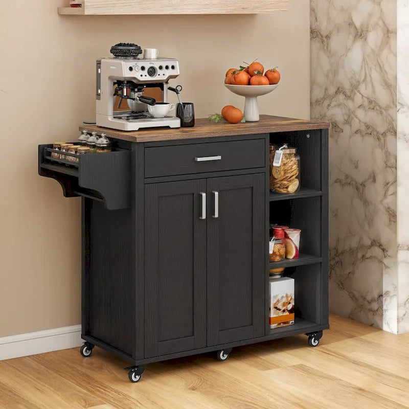 Rolling Kitchen Island on Wheels with Drawer, Open Shelves & Cabinet