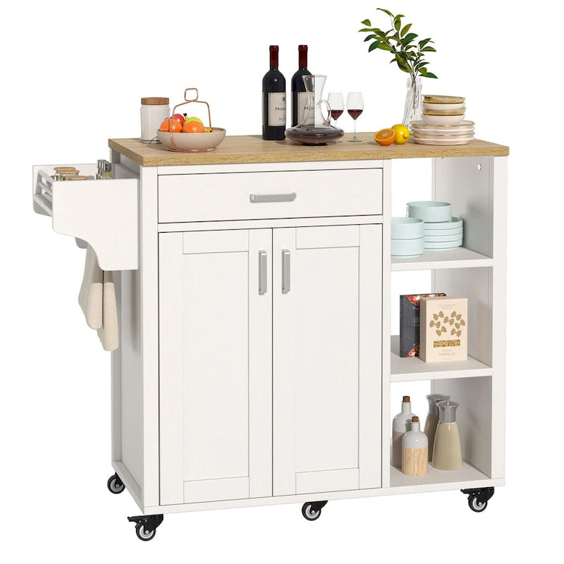 Rolling Kitchen Island on Wheels with Drawer, Open Shelves & Cabinet