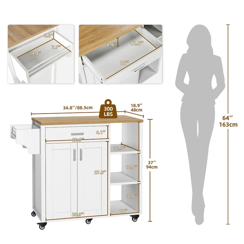 Rolling Kitchen Island on Wheels with Drawer, Open Shelves & Cabinet