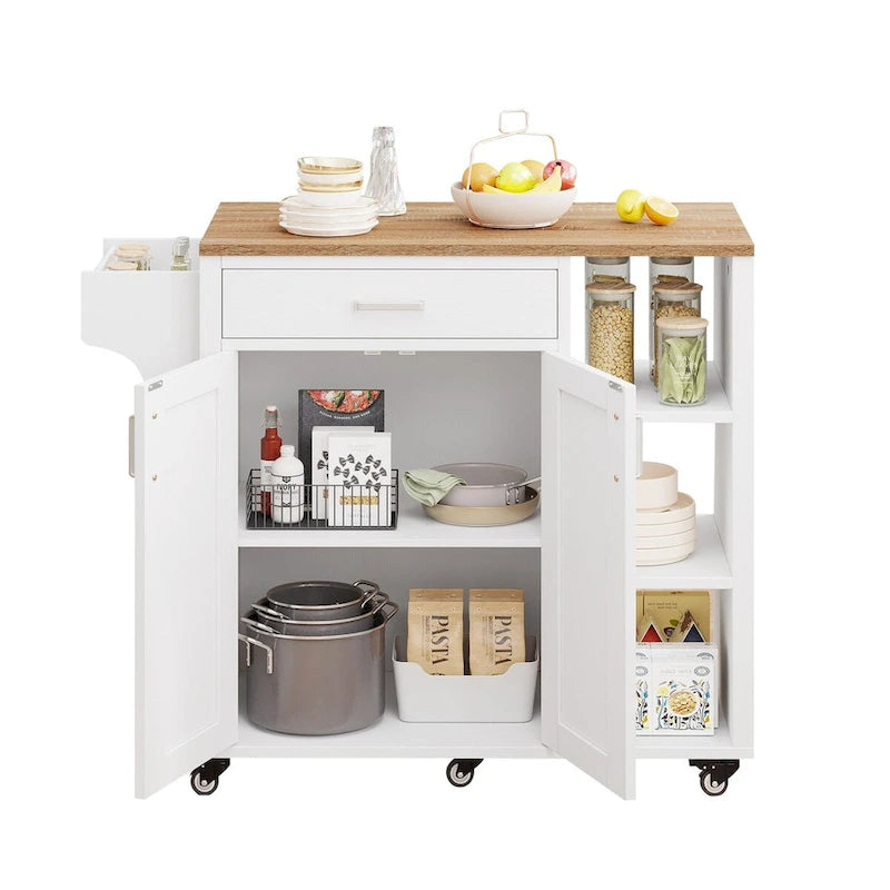 Rolling Kitchen Island on Wheels with Drawer, Open Shelves & Cabinet