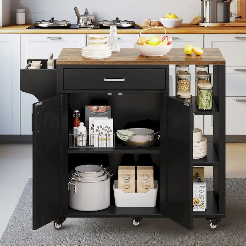 Rolling Kitchen Island on Wheels with Drawer, Open Shelves & Cabinet