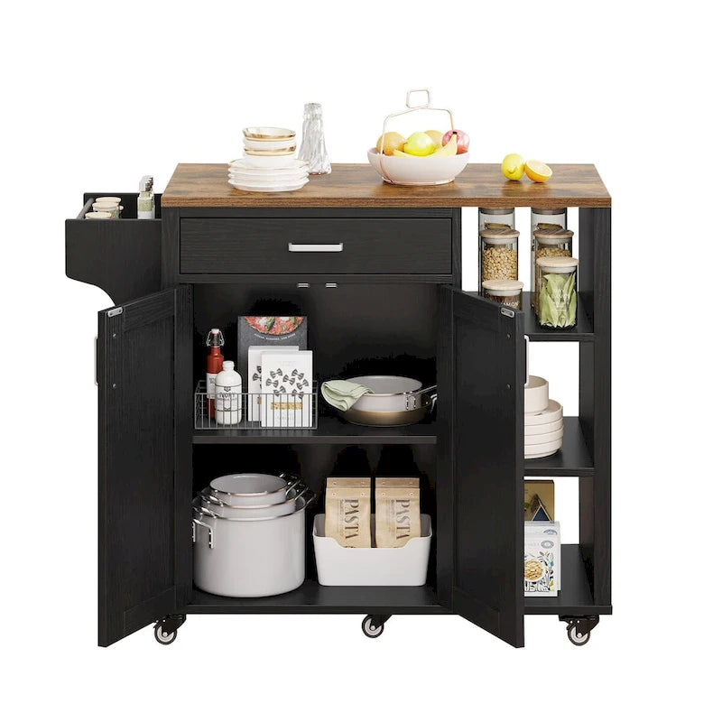 Rolling Kitchen Island on Wheels with Drawer, Open Shelves & Cabinet