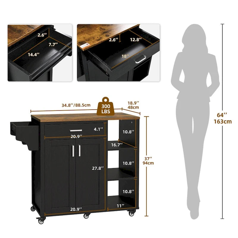 Rolling Kitchen Island on Wheels with Drawer, Open Shelves & Cabinet